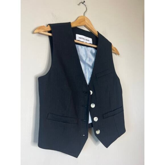 NEW Veronica Beard Bennett Linen Blend Half Belt Twill Vest Black Size: 2 - Picture 3 of 7